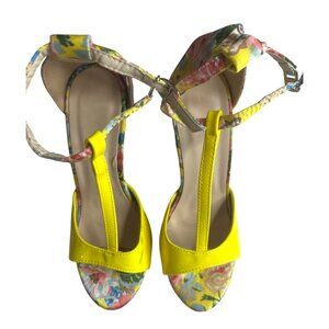Yellow Floral T-Strap High Heels With Ankle Strap & 4.5" Stiletto Heel